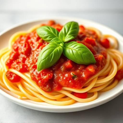 Piatto di pasta fresca fatta in casa condita con sugo di pomodoro e basilico