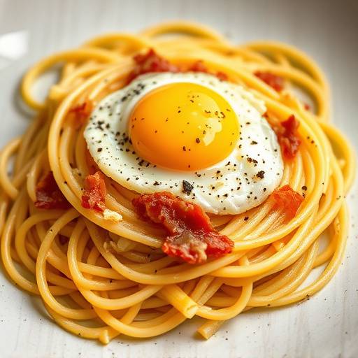 Piatto fumante di Spaghetti alla Carbonara con guanciale croccante e tuorlo d'uovo fresco, spolverata di pepe nero.