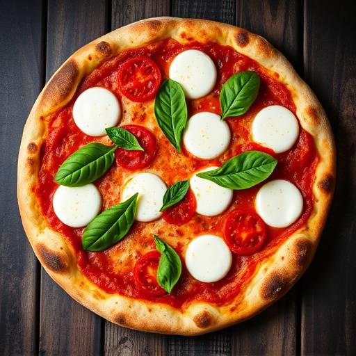 Pizza Margherita con mozzarella fresca, basilico e pomodori San Marzano, cotta in forno a legna.