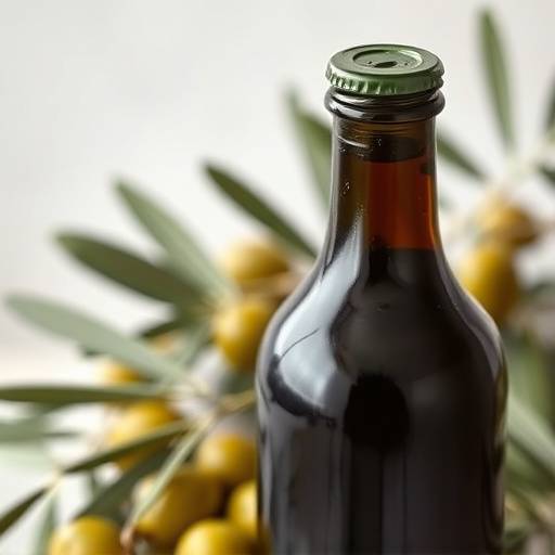Una bottiglia di vetro scuro piena di olio extra vergine d'oliva, con olive verdi sullo sfondo